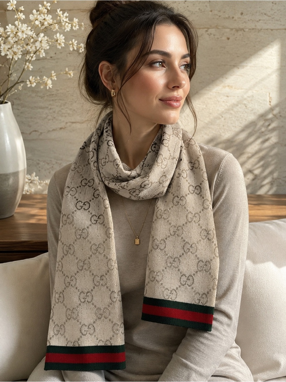GUCCI GG Monogram 100% Wool Scarf Stole Beige Light Brown Web Stripe